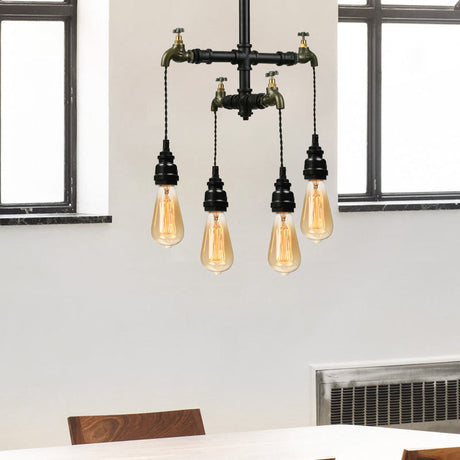 Farmhouse Style Indoor Ceiling Lamp: Metallic Pipe With Faucet Design 4 Bulbs Black Hanging