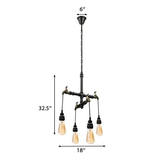 Farmhouse Metallic 4-Bulb Hanging Chandelier Lamp - Pipe Indoor Ceiling Light With Faucet In Black