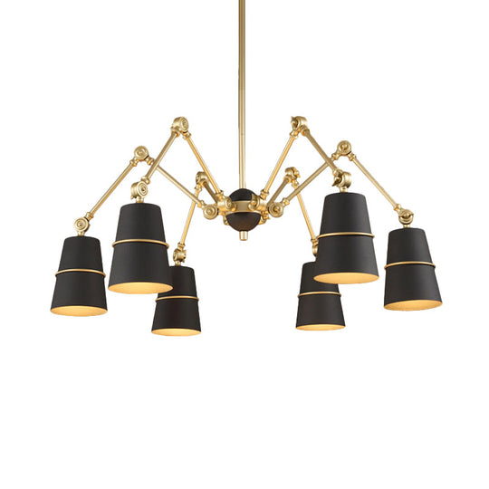 Retro Style 6-Light Spider Chandelier With Cone Shades - Black & Gold Metal Suspension Light