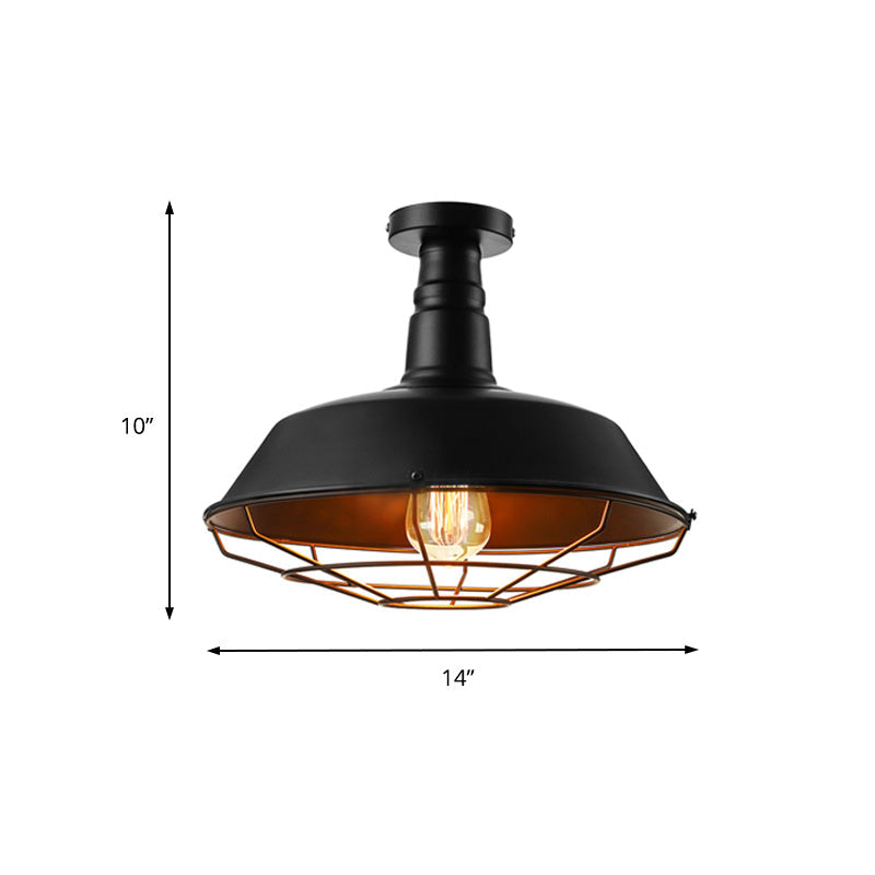 Black Vintage Metal Cage Ceiling Light Semi Flush Mount Indoor 1-Head Lighting With Barn Shade -