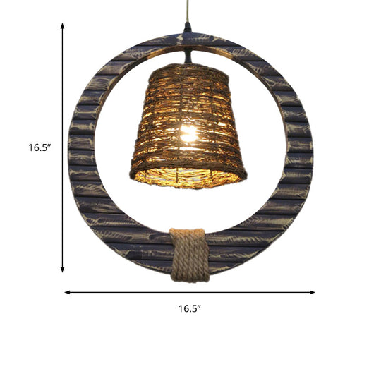 Modern Brown Rattan Hanging Pendant Light With Wooden Ring - 1 Head