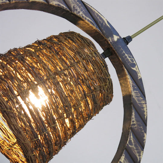 Modern Rattan Conical Hanging Light Brown Pendant Lamp With Wooden Vertical Ring