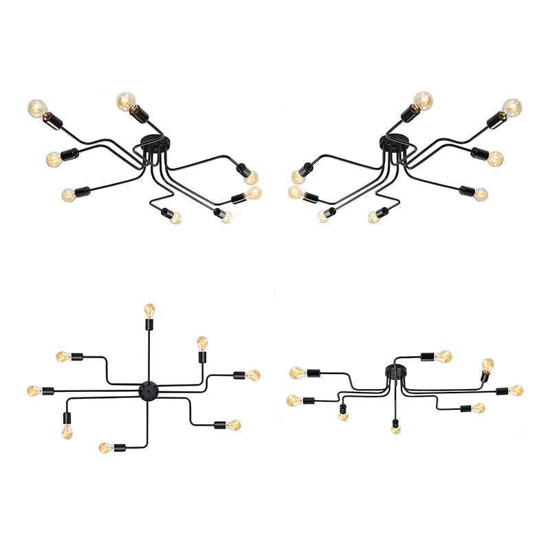 Vintage Metallic Semi Flush Light With Sputnik Design In Antique Brass/Black - Exposed Ceiling