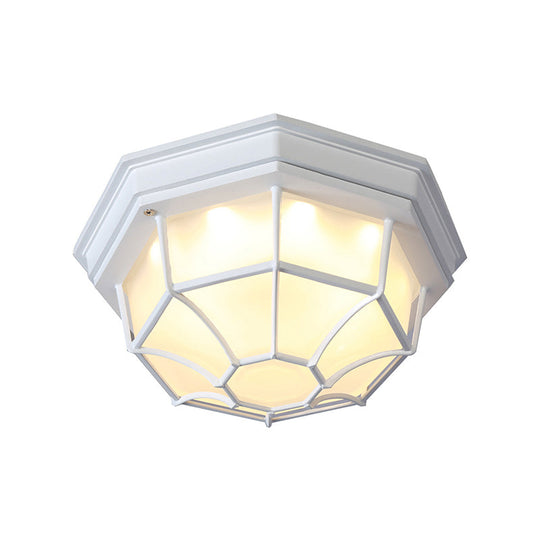 White Geometric Flush Ceiling Mount Light Fixture - Industrial Frosted Glass For Bedroom