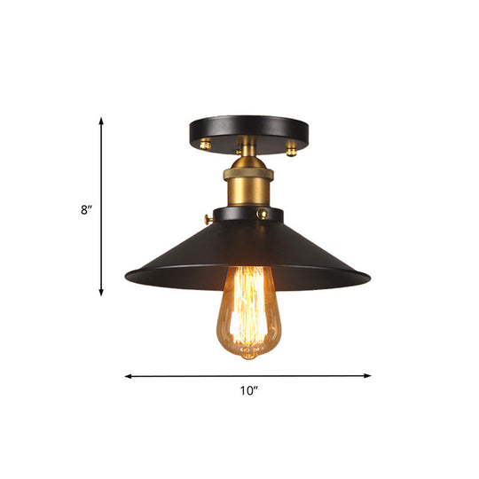 9.5’-10’ Dia Flat Shade Ceiling Mounted Light: Industrial Metallic Single Head Flush Light In Black