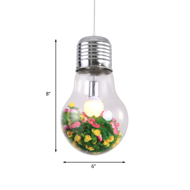 Clear Glass Bulb Pendant Lamp - Industrial Style 1-Light Hanging Light With Artificial Flower
