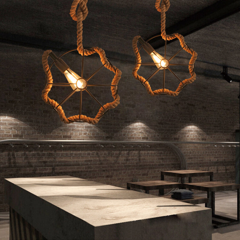 Adjustable Industrial Pendant Light With Beige Rope And Metal Cage Design