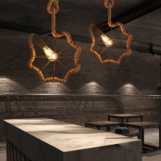 Adjustable Industrial Pendant Light With Beige Rope And Metal Cage Design