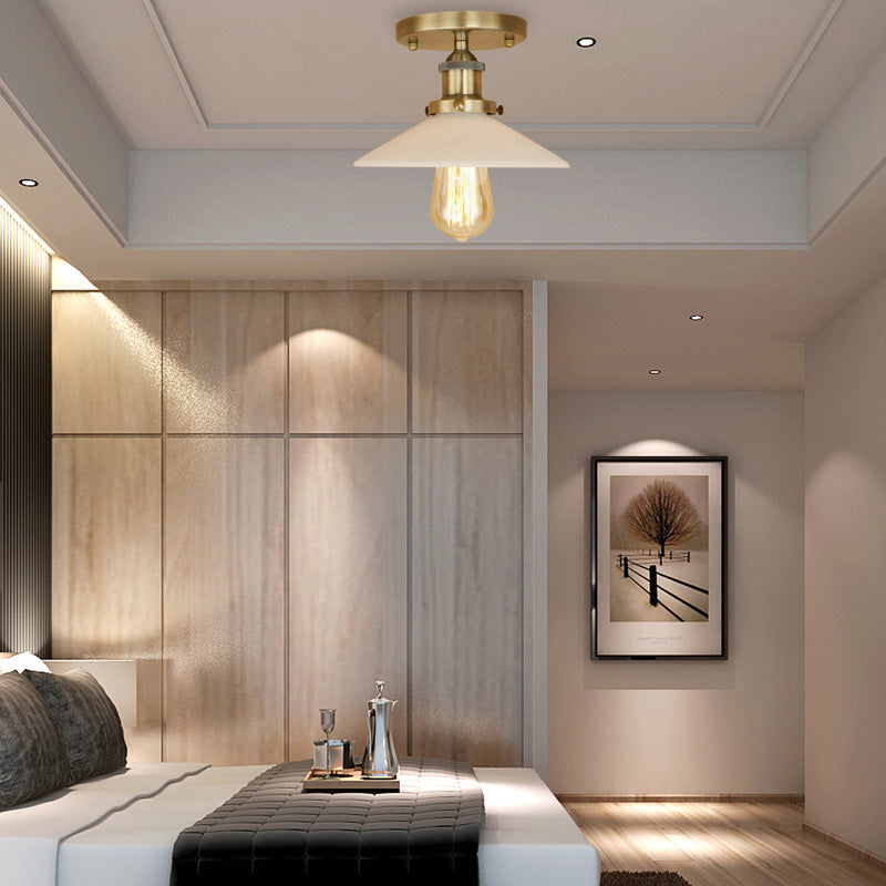 Vintage Style Metal Semi-Flush Mount Ceiling Light With Conical Shape - 1 Fixture In Bronze/Brass