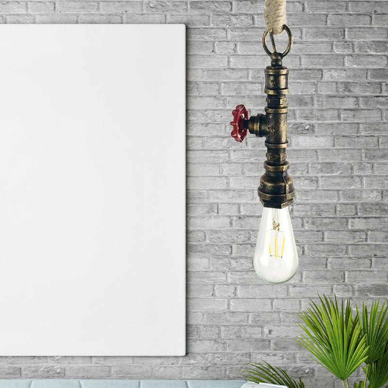 Industrial 1-Light Wrought Iron Pipe Pendant With Adjustable Rope - Aged Silver/Copper Antique Brass