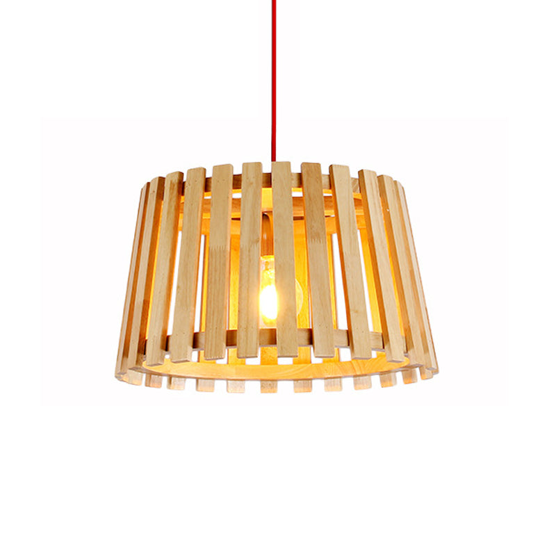 Contemporary Wood Slatted Drum Pendant Light In Beige - Ideal For Bedroom