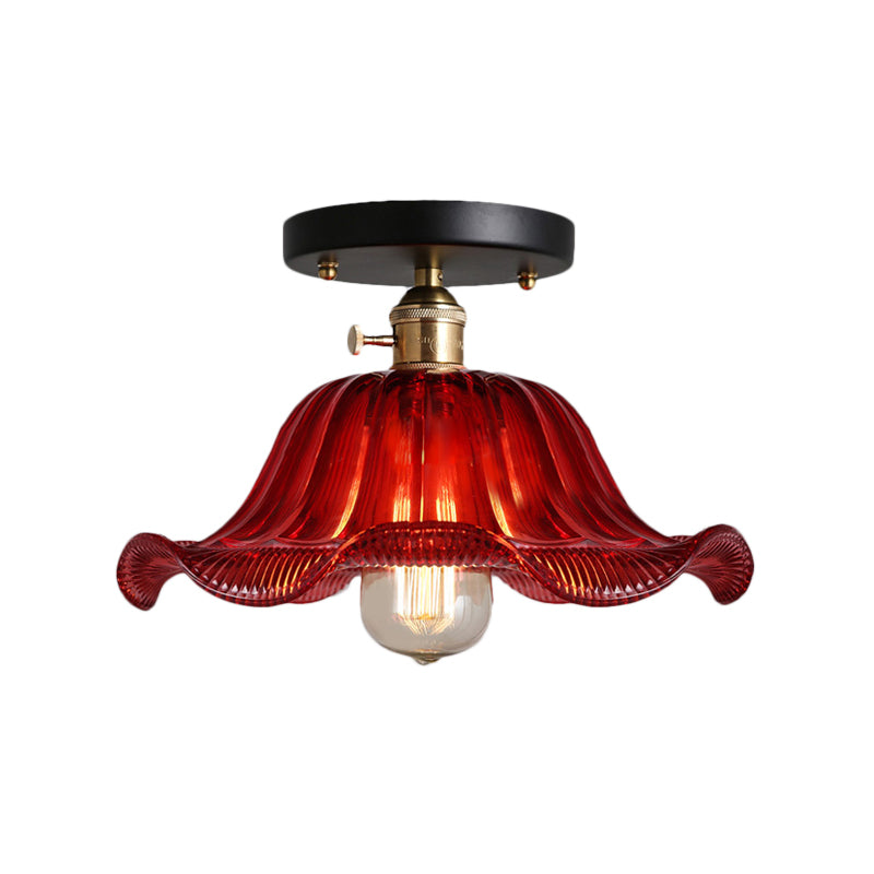 Rustic Ribbed Glass Scalloped Semi Flush Light Red/Blue/Clear 8’/10’/12’ Wide