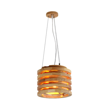 Contemporary Wooden Cylindrical Hanging Light - 10/16 Wide Natural Wood Ideal For Living Room