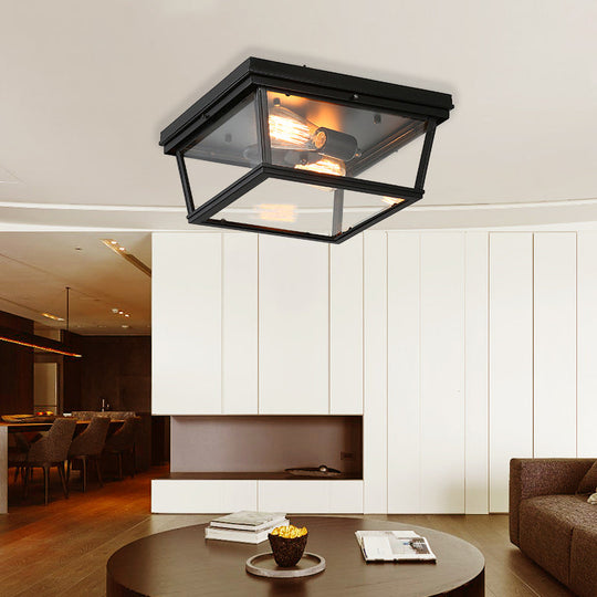 Industrial Square/Hexagon Cage Glass Ceiling Light With 2/4 Bulbs Clear/Black Flush Mount Lighting