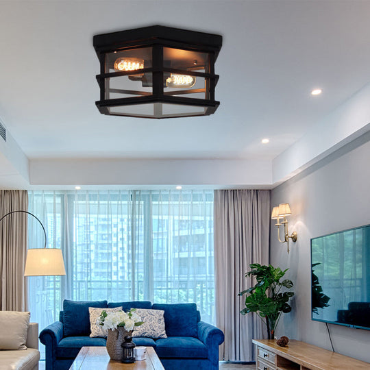 Industrial Square/Hexagon Cage Glass Ceiling Light With 2/4 Bulbs Clear/Black Flush Mount Lighting