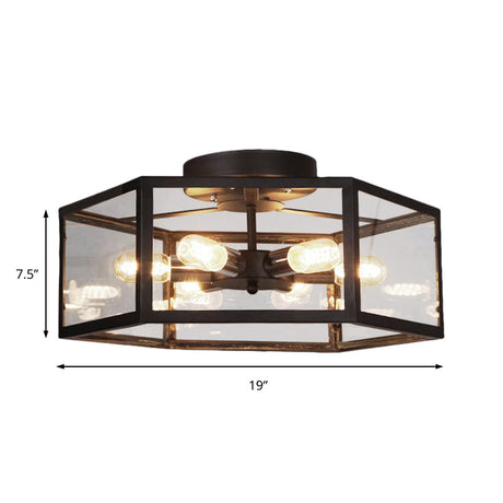 Vintage Geometric Clear Glass Ceiling Light With 6 Bulbs - Black Semi Flush Mount For Kitchen