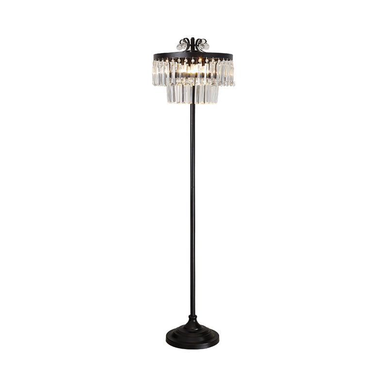 Contemporary Crystal Black Floor Lamp With 2-Tier Drum Shade - Stunning Standing Light