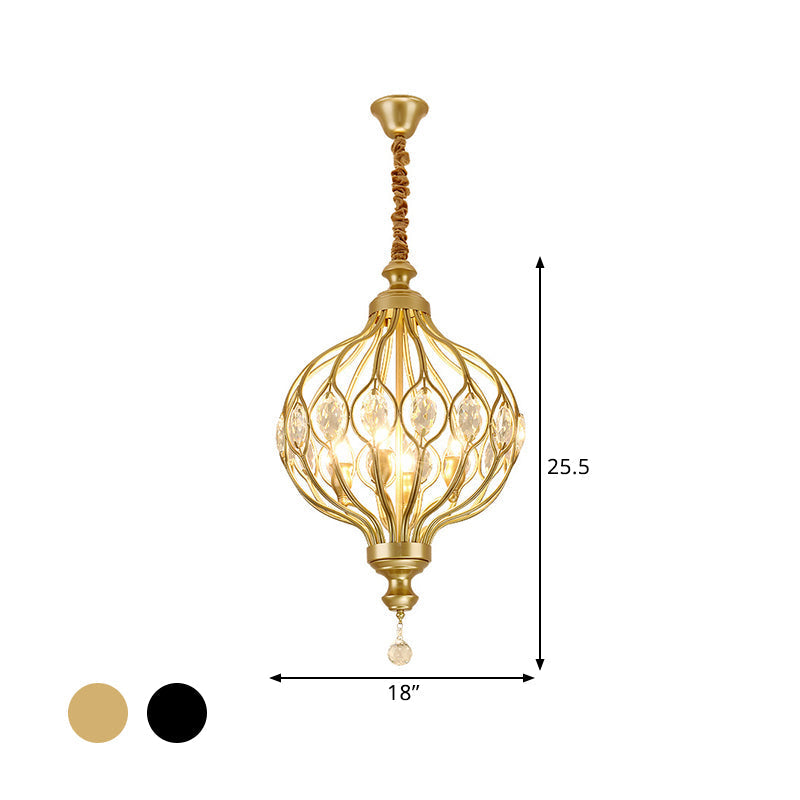 Contemporary Black/Gold Lantern Chandelier With Crystal Encrusted Hanging Lamp Kit - 4/6 Lights