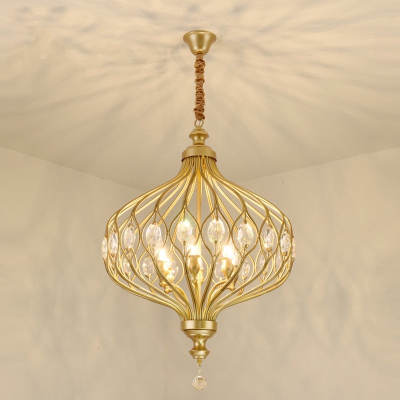 Contemporary Black/Gold Lantern Chandelier With Crystal Encrusted Hanging Lamp Kit - 4/6 Lights