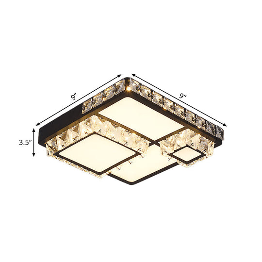 Modern Led Crystal Flush Mount Ceiling Light - Black Square/Round Design