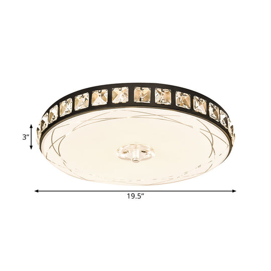 16/19.5 Contemporary Drum Ceiling Light: Led Crystal Flush Lamp Fixture (Black)