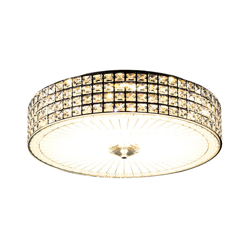 Modern Led Flush Mount Lamp With Clear Crystal Drum Shade - 16/19.5 Width Bedchamber Ceiling Light