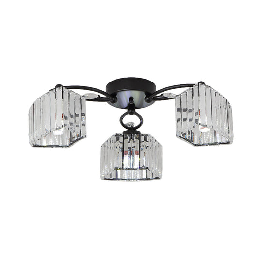 Modern Semi Flush Mount With Clear Crystals And Sleek Black Finish - 3/6 Heads Trapezoid Design