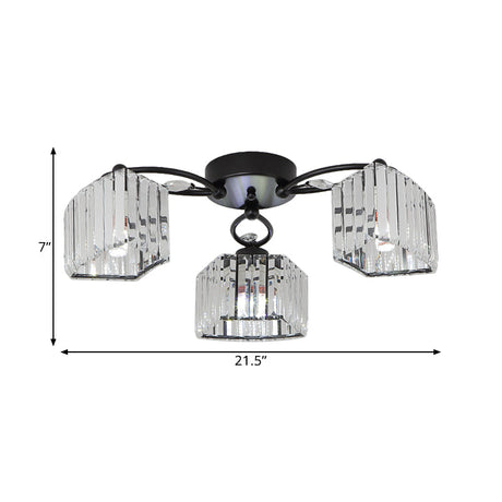 Modern Semi Flush Mount With Clear Crystals And Sleek Black Finish - 3/6 Heads Trapezoid Design