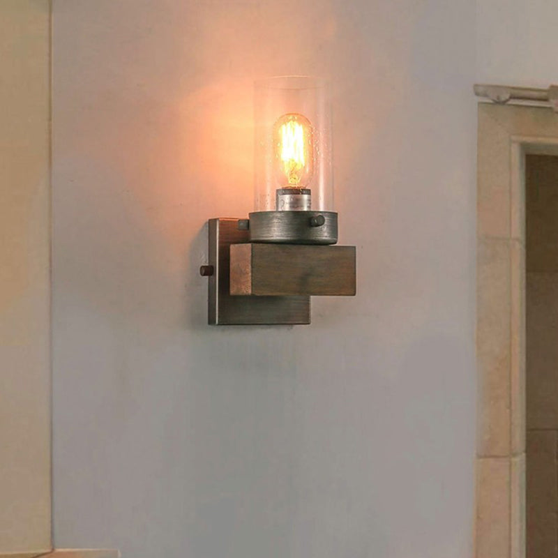 Countryside Cylindrical Wall Sconce Light - Clear Glass Lamp Fixture In Brown
