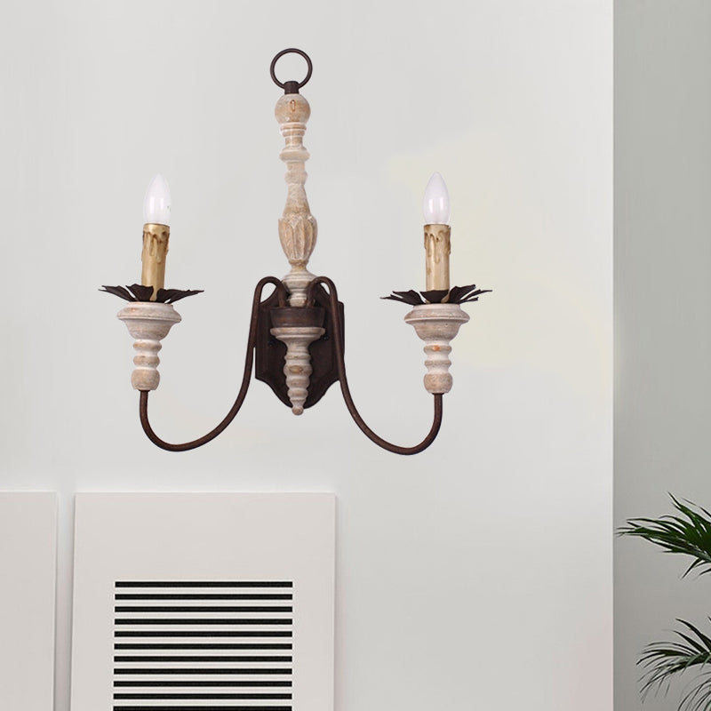 Country Style Rust Metal Wall Light Fixture With Curved Arms - 2 Bulb Indoor Candle Lamp
