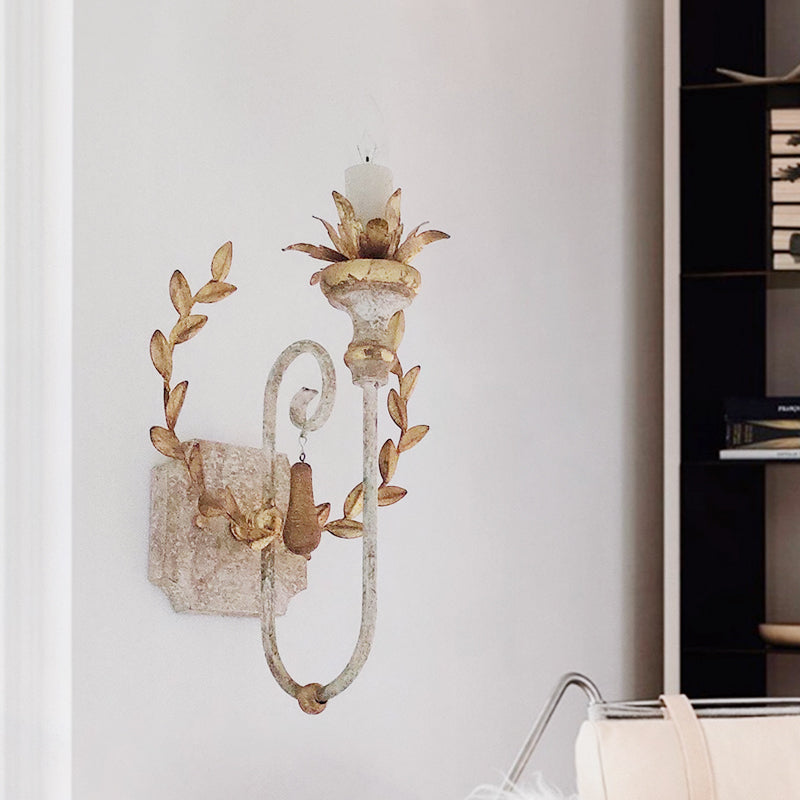 Metallic Gold Farmhouse Wall Lamp With Vine Decor - Mount Candelabra