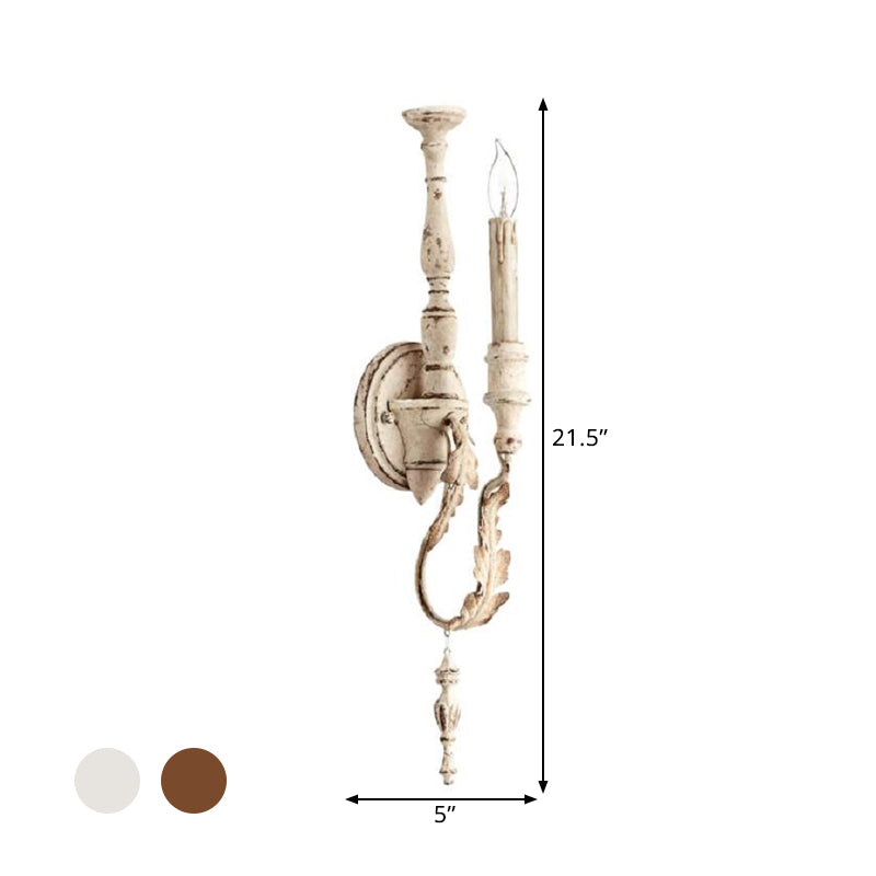 Rustic White/Brown 1-Light Candle Wall Fixture - Metallic Mounted Lamp