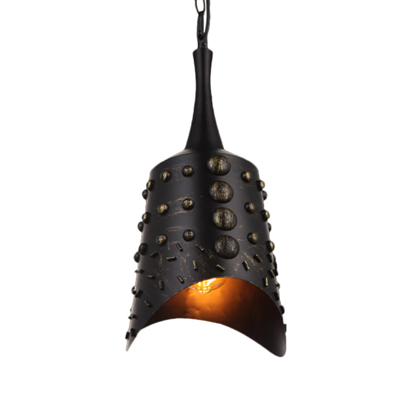 Antiqued Metallic Bell Bar Drop Pendant Light With Black Finish - 1-Light Suspension Lamp