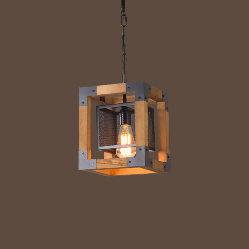 Wooden Cube Pendant Lamp - Industrial Hanging Light For Restaurants 1-Light Fixture