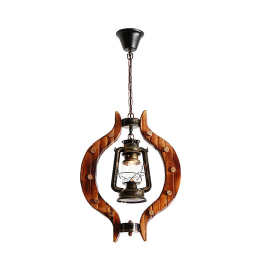 Coastal Style Bronze Kerosene Lamp Pendant With Wood Frame - 1 Light Hanging Bar Metal Fixture