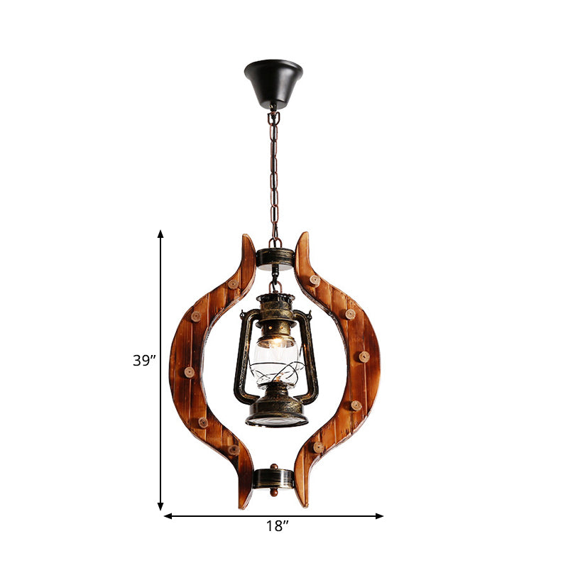 Coastal Style Bronze Kerosene Lamp Pendant With Wood Frame - 1 Light Hanging Bar Metal Fixture