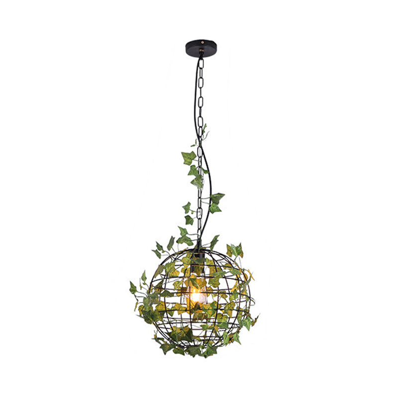 Industrial Style Globe Cage Ceiling Pendant Light With Artificial Plant Deco (1-Head Black)
