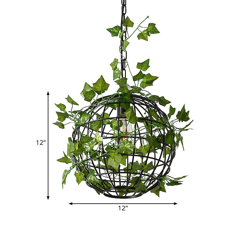 Industrial Style Globe Cage Ceiling Pendant Light With Artificial Plant Deco (1-Head Black)