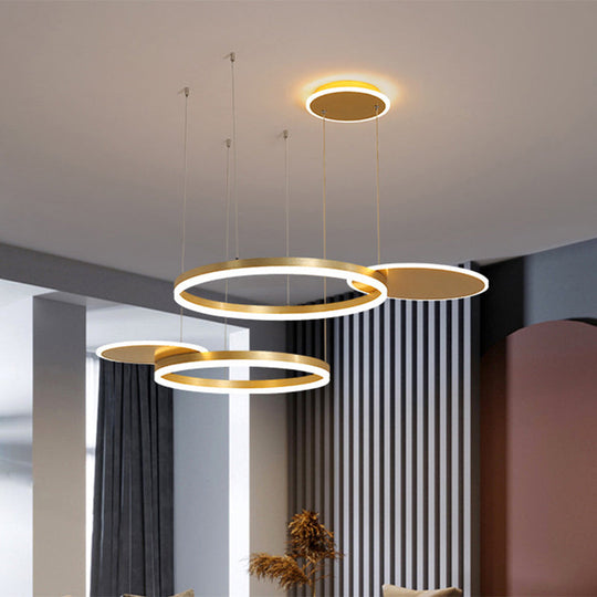 Modern Metallic Circular Multi-Lamp Pendant In Gold/Coffee With Led Warm/White Light - Ceiling Hang