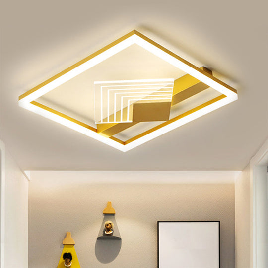Contemporary Metallic Led Ceiling Light - Gold/Black Square Flush Mount In Warm/White 16’/19.5’ L