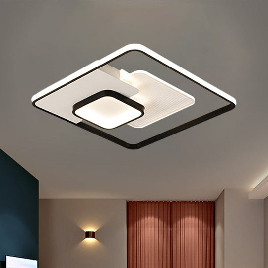 Modern Metallic Square Flush Ceiling Lamp With Led In Black/White & Warm/White 16.5’/20.5’ Wide