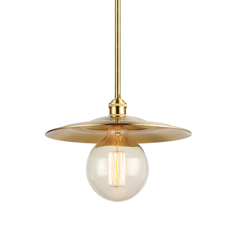 Mid Century Flat Shade Ceiling Pendant Light In Brass Finish - 1 Bulb Metallic Fixture For Table