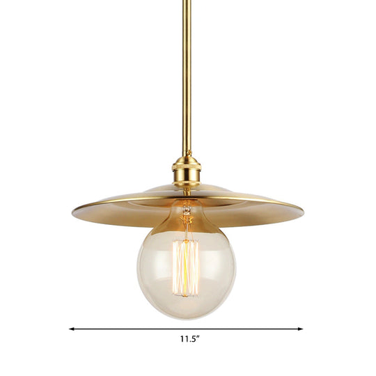 Mid Century Flat Shade Ceiling Pendant Light In Brass Finish - 1 Bulb Metallic Fixture For Table