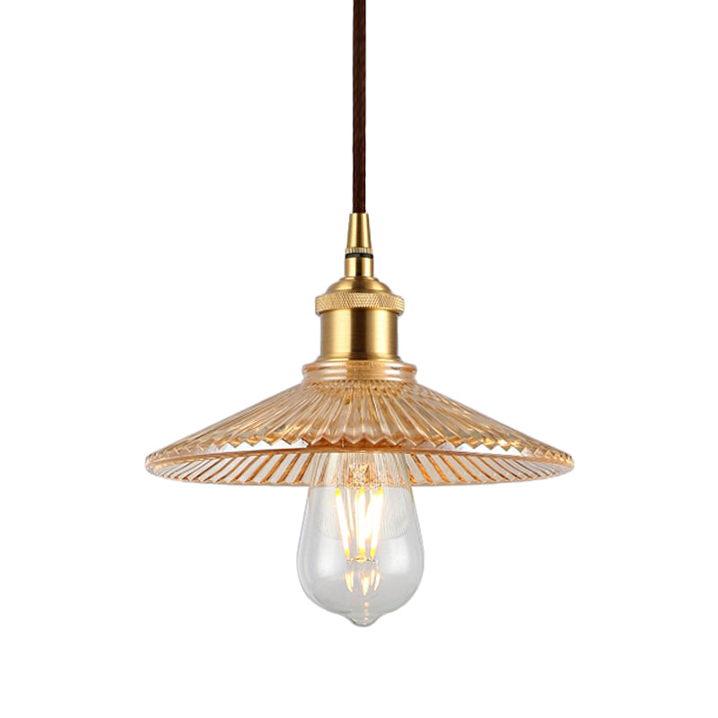 Mid Century Amber Glass Ribbed Cone Pendant Light - Single Bulb Ceiling Suspension For Restaurants
