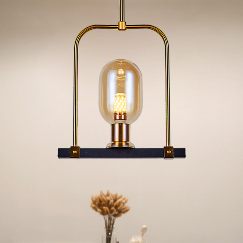 Modern Amber Glass Pendant Light With Bird Cage Design - Oval Shape Single Bulb Black/Gold