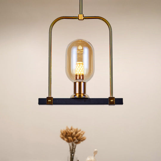 Amber Glass Bird Cage Pendant Light - Post Modern Oval Shape Single Bulb Black-Gold Hanging Kit