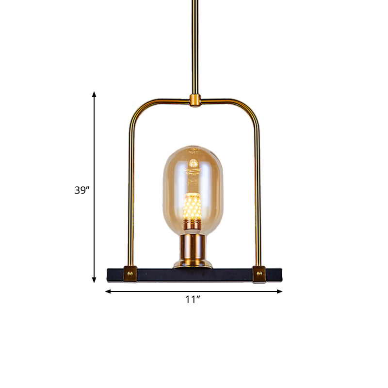 Amber Glass Bird Cage Pendant Light - Post Modern Oval Shape Single Bulb Black-Gold Hanging Kit