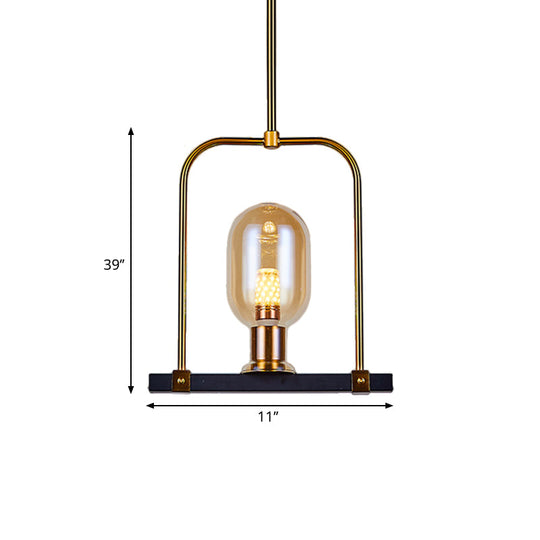 Amber Glass Bird Cage Pendant Light - Post Modern Oval Shape Single Bulb Black-Gold Hanging Kit