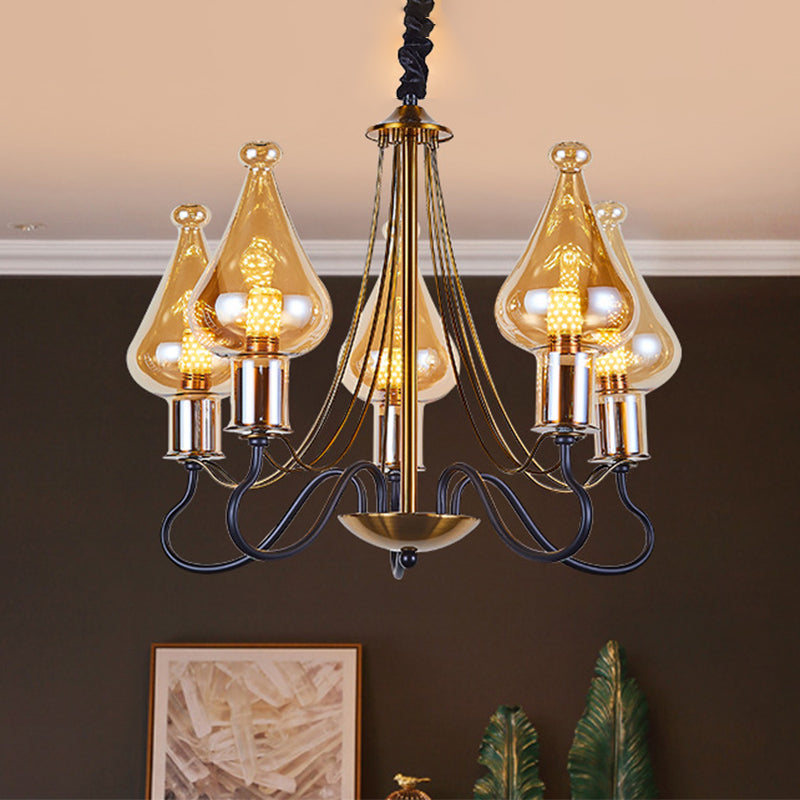 Modern Black-Gold Teardrop Chandelier With Amber Glass - 5/8 Lights Perfect For Dining Room