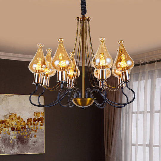 Modern Black-Gold Teardrop Chandelier With Amber Glass - 5/8 Lights Perfect For Dining Room